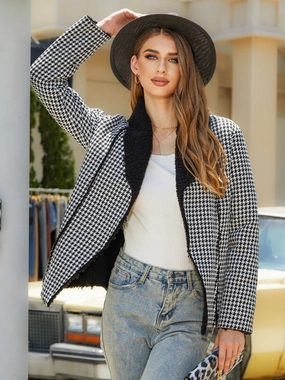 Houndstooth Open Front Long Sleeve Jacket Dont Miss Big Savings Mega Sale Now