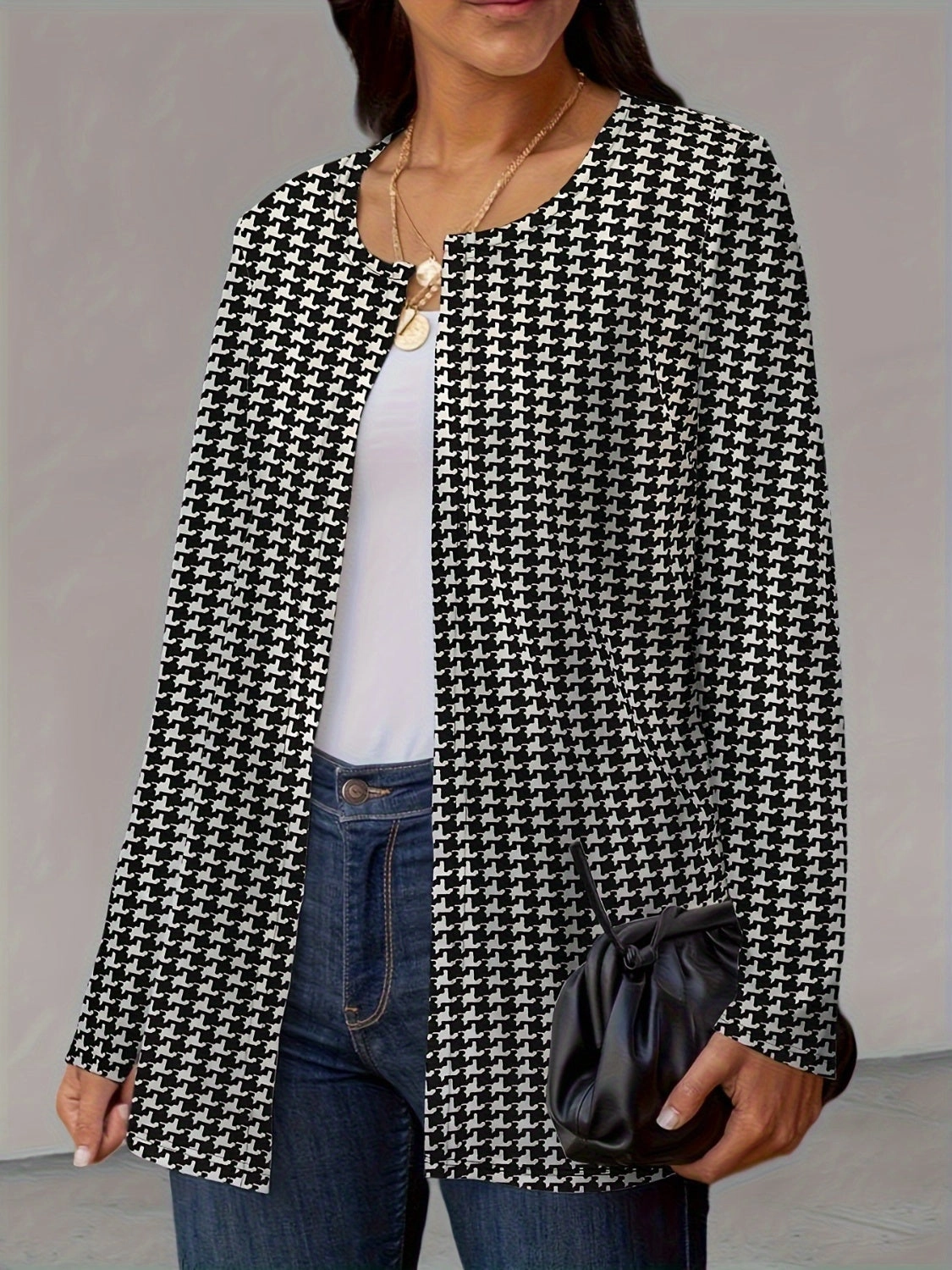 Todays Mega Savings MustHave Deals Houndstooth Open Front Long Sleeve Jacket