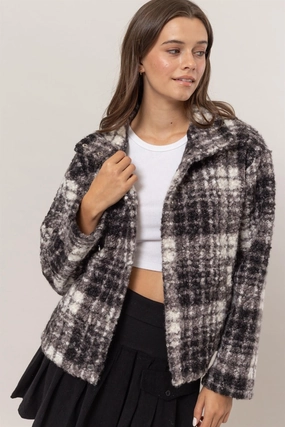 Hyfve Plaid Collared Neck Boucle Jacket With Pockets MustHave Deals Clearance Steal Today
