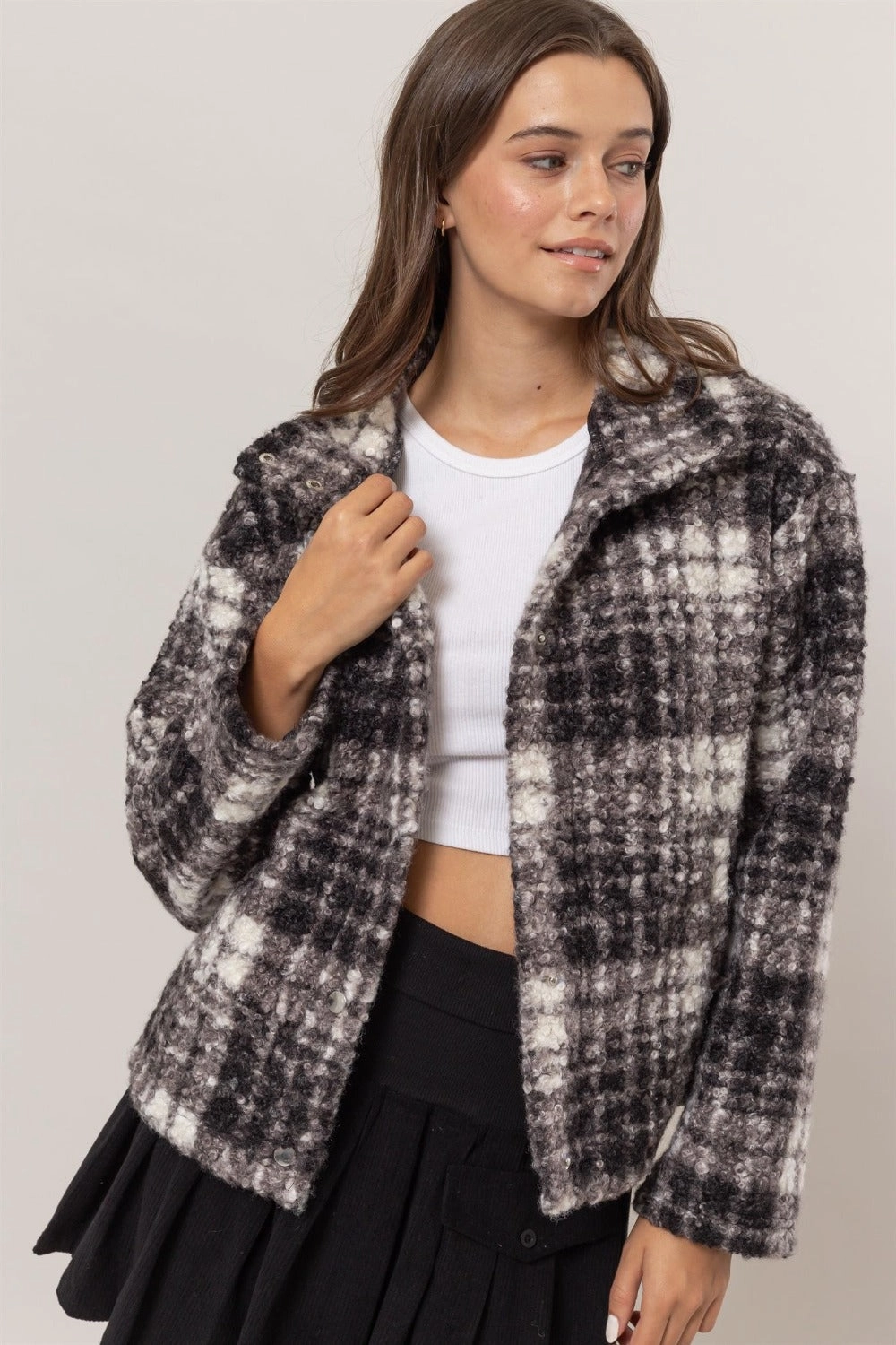 Hyfve Plaid Collared Neck Boucle Jacket With Pockets Big Savings Event Todays Special Savings