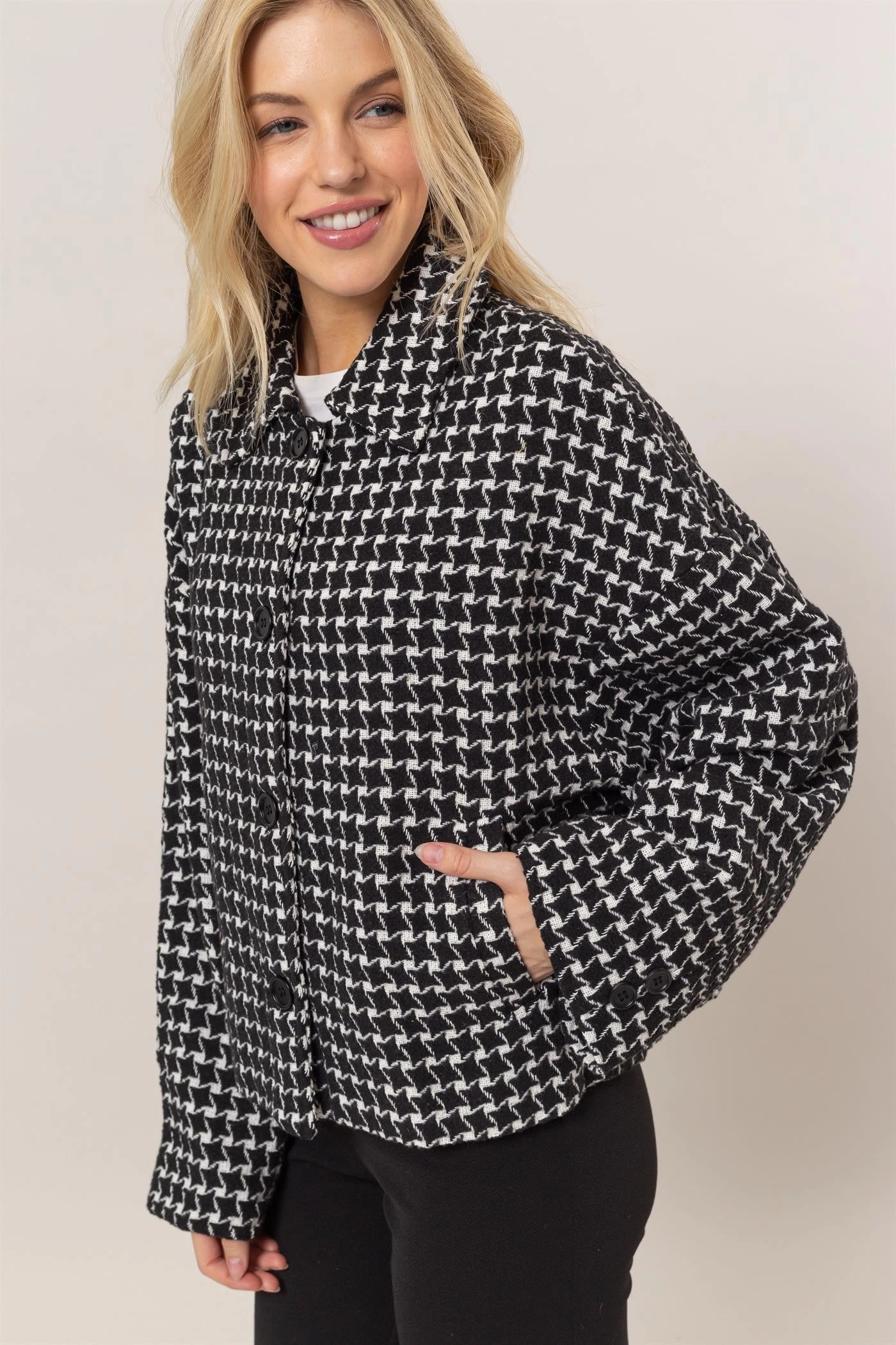 Flash Pick Today Hyfve Tweed Plaid Button Up Collared Neck Jacket