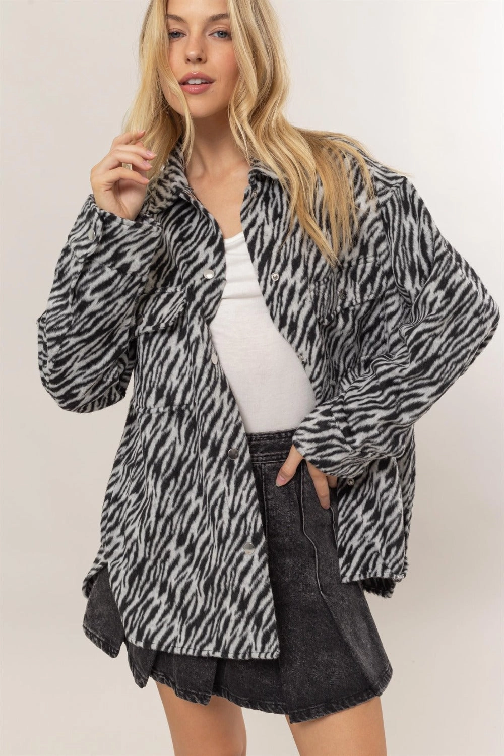 Dont Wait Save Today Hyfve Zebra Print Snap Down Long Sleeve Shacket