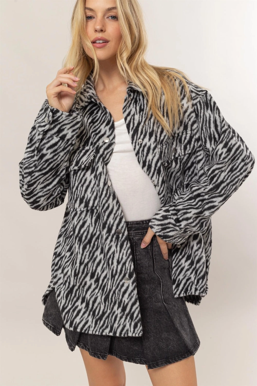 Hyfve Zebra Print Snap Down Long Sleeve Shacket Clearance Sale