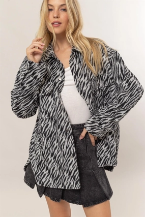 Hyfve Zebra Print Snap Down Long Sleeve Shacket Clearance Sale