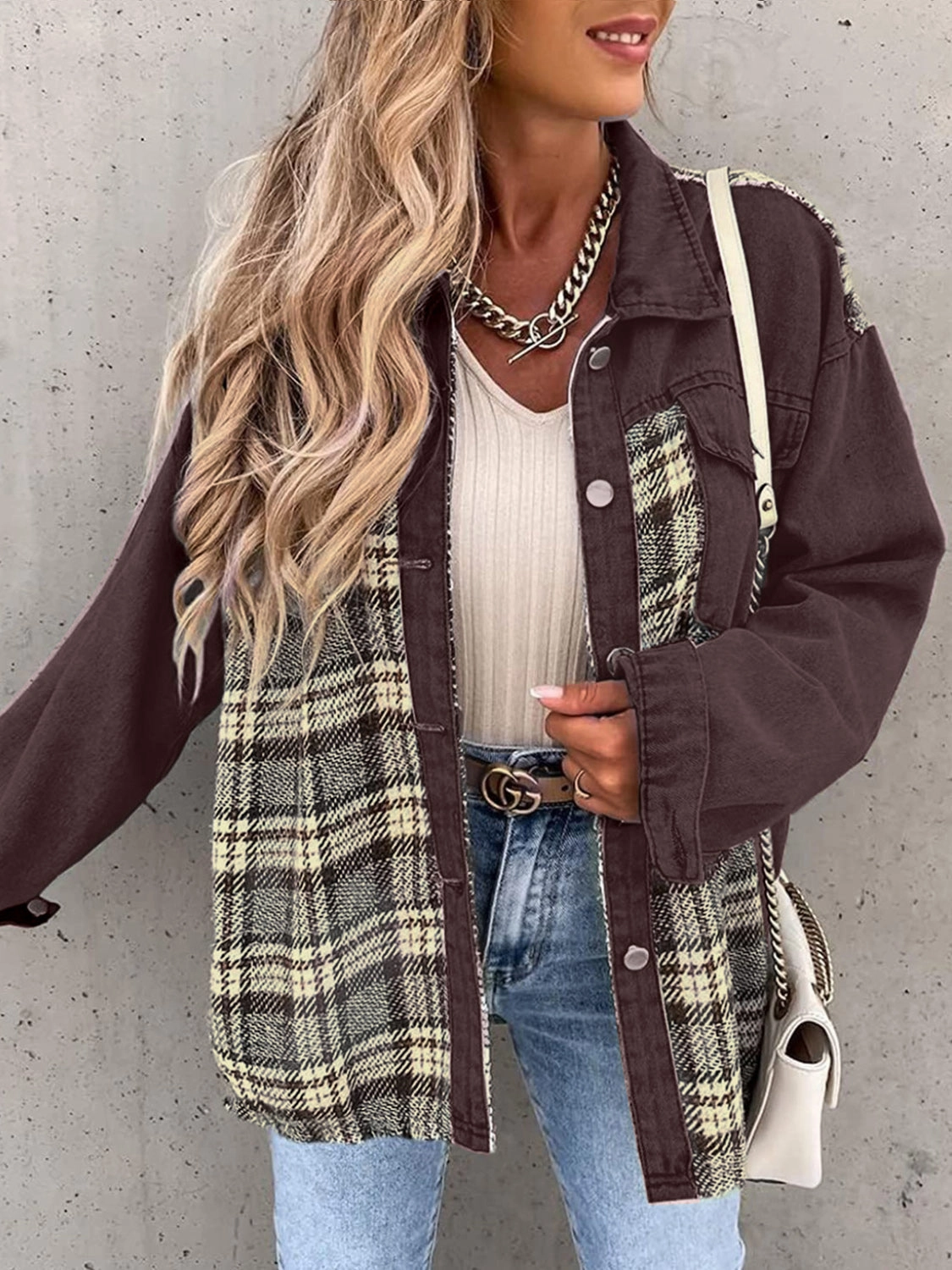 Plaid Button Up Dropped Shoulder Jacket Save More Now