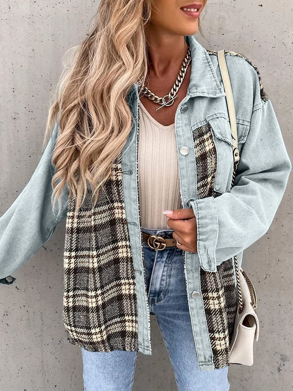 Plaid Button Up Dropped Shoulder Jacket Limited Time Offer