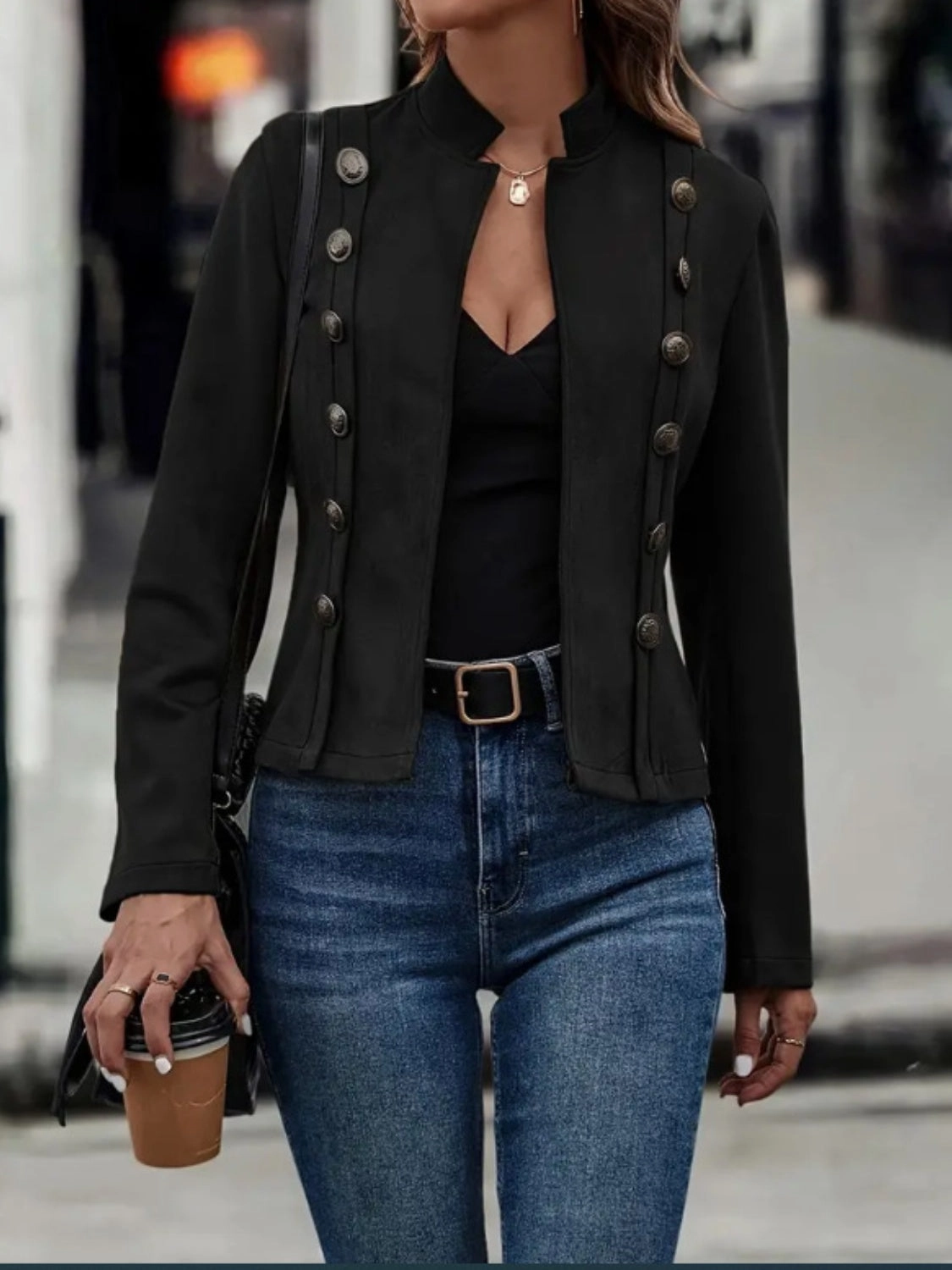 Decorative Button Open Front Long Sleeve Jacket Online Exclusive Deal