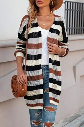 Full Size Striped Long Sleeve Openwork Cardigan Big Hot Sale Shop Today Save