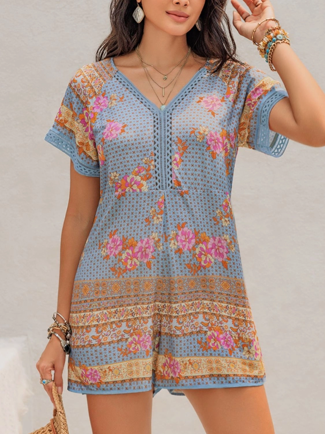 Printed V-Neck Short Sleeve Romper Last Chance Steal