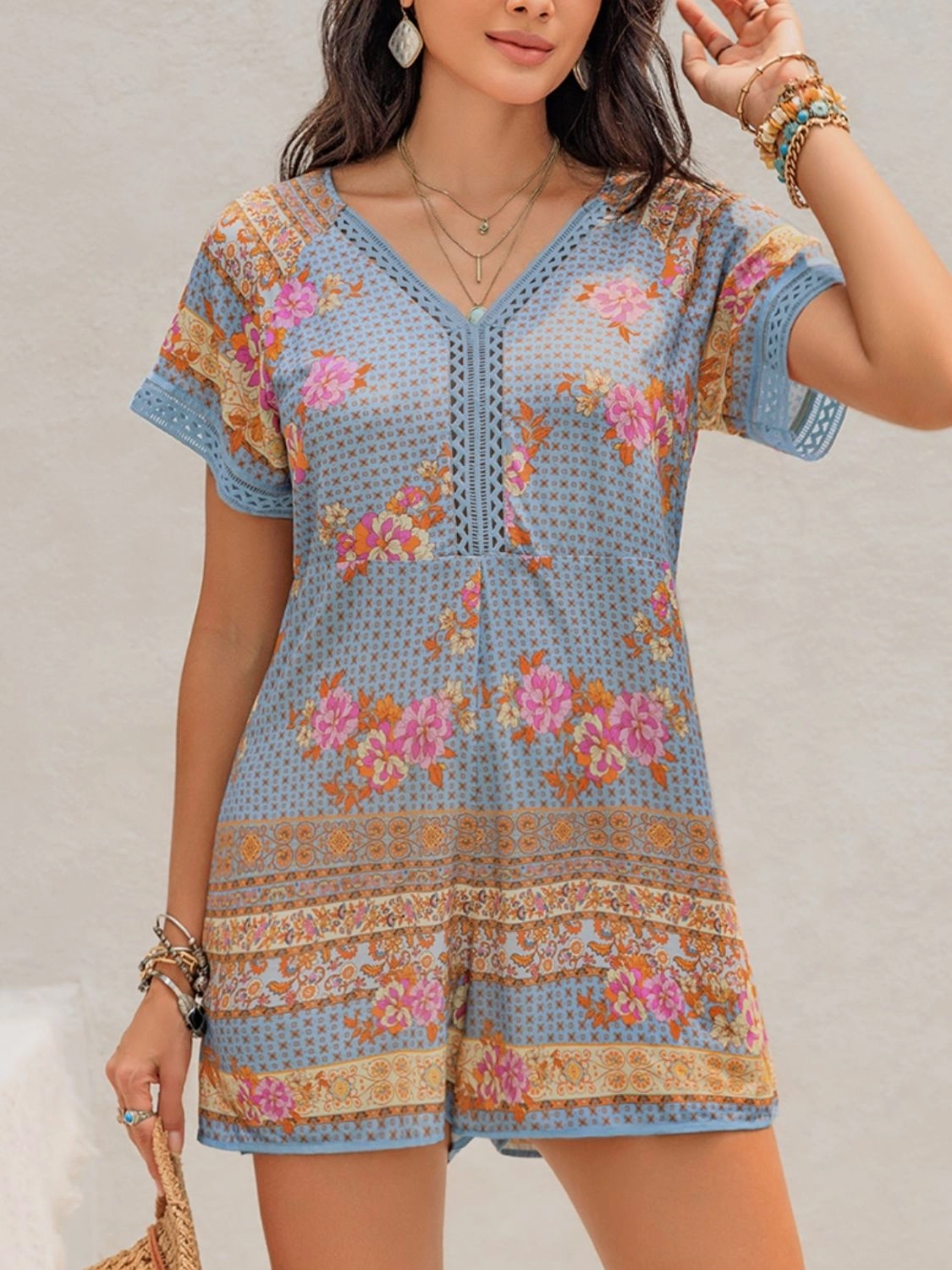 Printed V-Neck Short Sleeve Romper Flash Offer Today