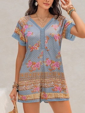 Flash Deal Today Printed V-Neck Short Sleeve Romper
