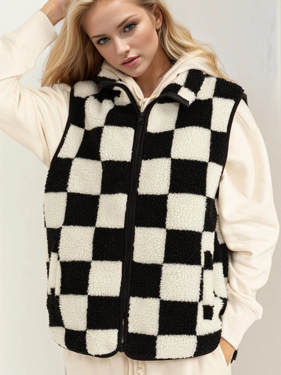 Perfect Gift Offer Double Take Full Size Zip Up Checkered Vest Cost