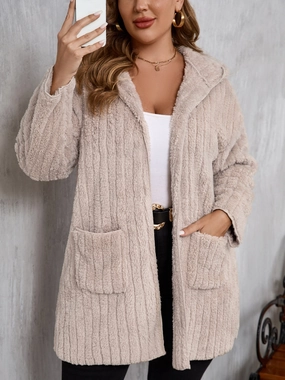 Plus Size Open Front Long Sleeve Hooded Fuzzy Jacket Save Today Event Big Savings Today
