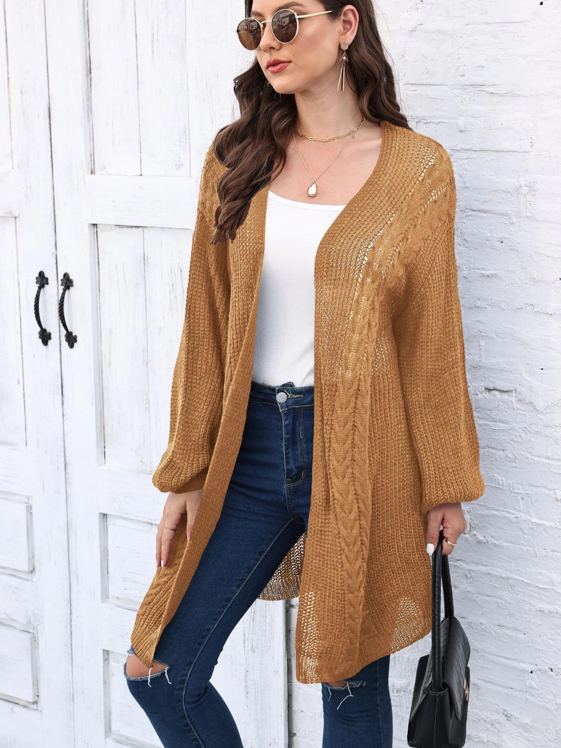 Cable-Knit Open Front Long Sleeve Cardigan Price Drop Frenzy Clearance Sale