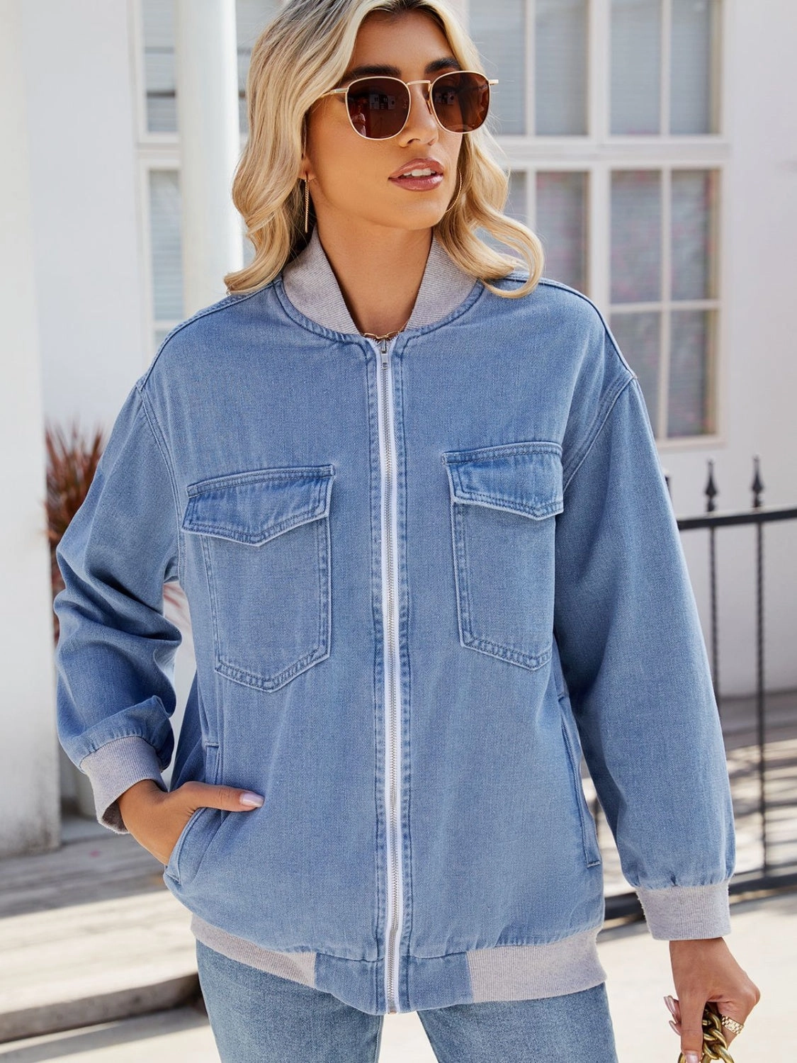 Grab Your Deal Today Shop Grab Savings Pocketed Zip Up Baseball Collar Denim Jacket
