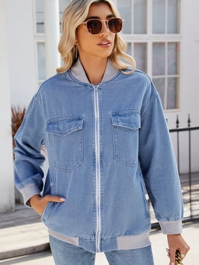 Hot Offer Event Best Price Today Pocketed Zip Up Baseball Collar Denim Jacket