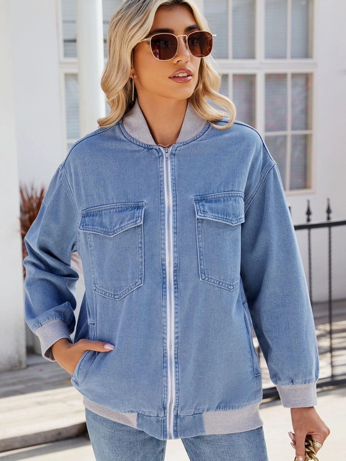 Hot Offer Event Best Price Today Pocketed Zip Up Baseball Collar Denim Jacket