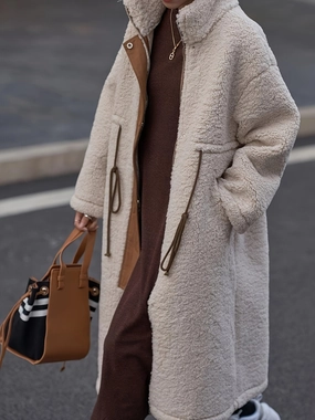 Plus Size Drawstring Zip Up Turtleneck Sherpa Coat Trending Now Offer Special Price Today