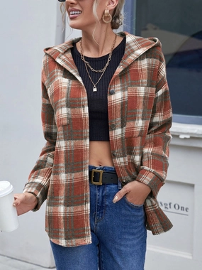 Ivy Lane Plaid Button Up Long Sleeve Hooded Jacket Big Hot Sale