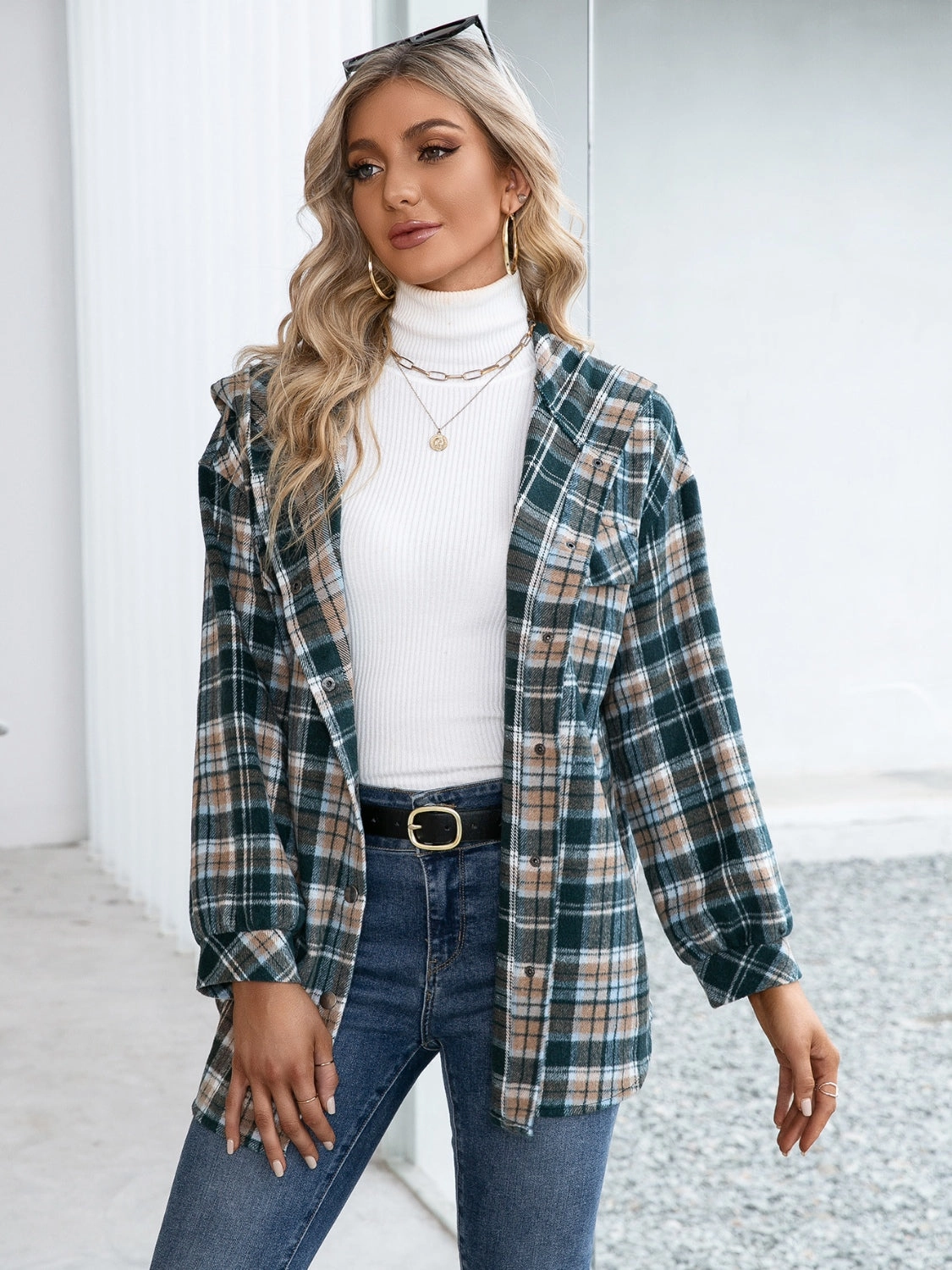 Ivy Lane Plaid Snap Down Hooded Jacket Exclusive Online Deal