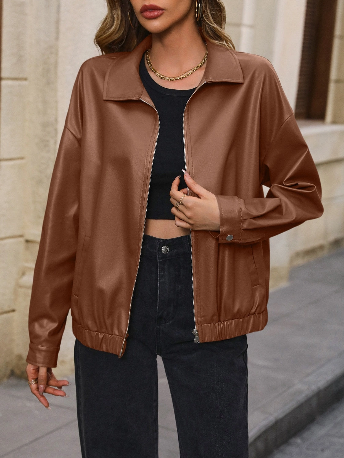Instant Discount Sale Ending Soon Ivy Lane Pocketed Zip Up Collared Neck Jacket