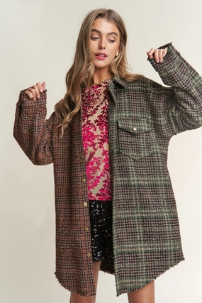 Special Surprise Sale J.Nna Snap Down Tweed Plaid Contrast  Longline Shacket
