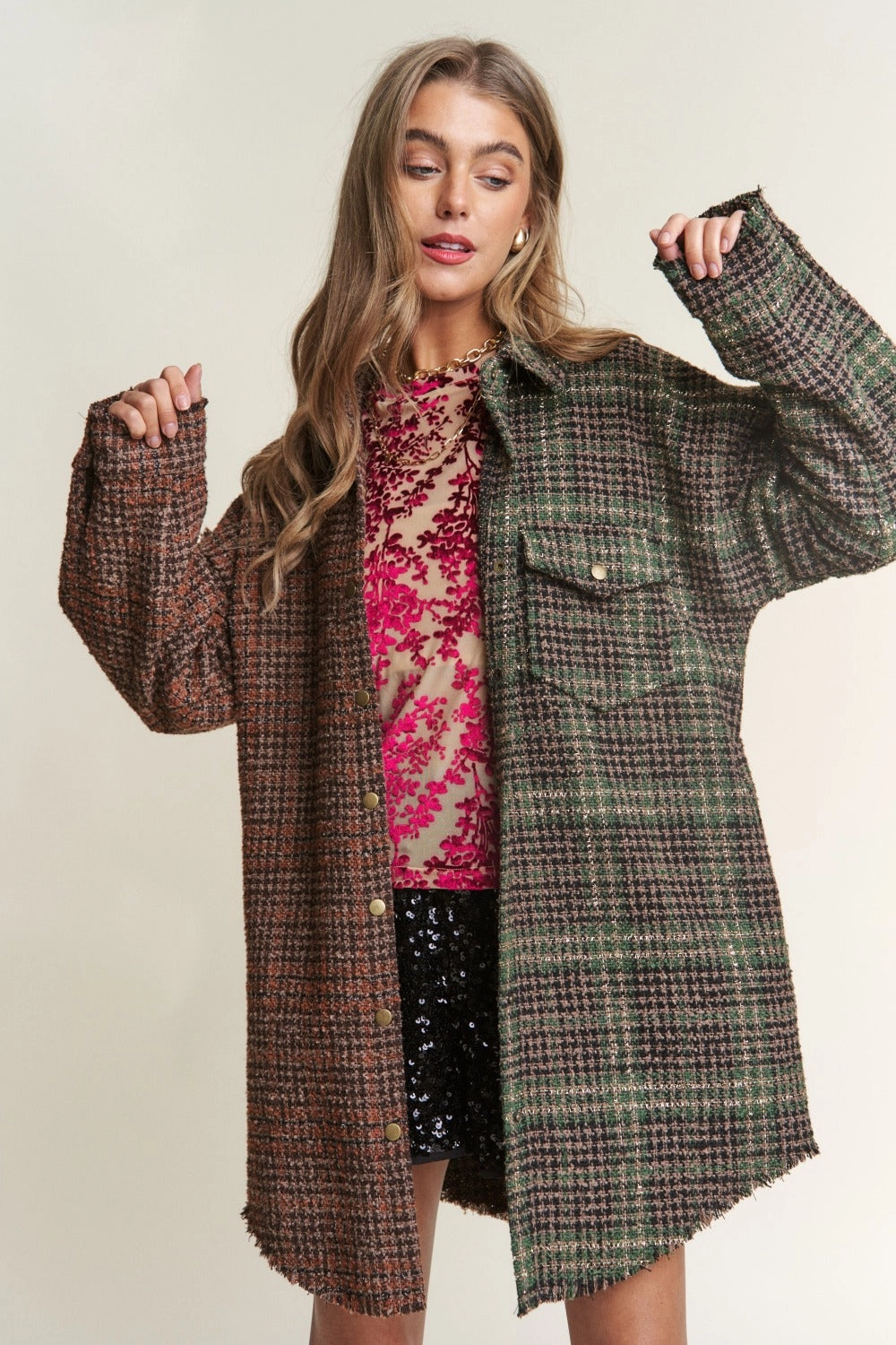 J.Nna Snap Down Tweed Plaid Contrast  Longline Shacket Todays Special Picks Online Deal Frenzy