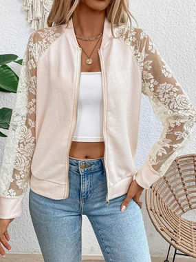 Hot Deals Today Lace Baseball Collar Zip Up Jacket