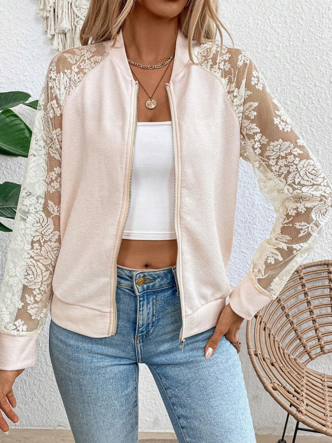 Mega Sale Now Lace Baseball Collar Zip Up Jacket