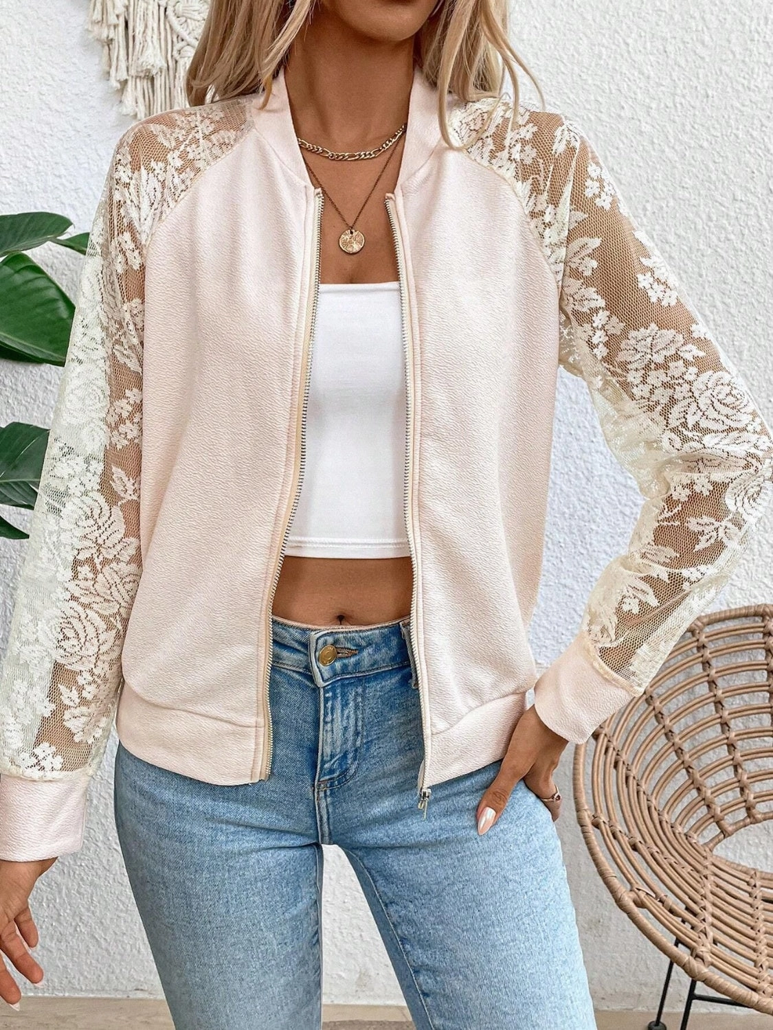 Hot Deals Today Lace Baseball Collar Zip Up Jacket