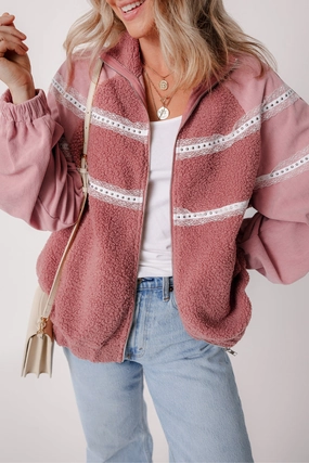 Lace Detail Zip Up Sherpa Patchwork Jacket Grab Your Hot Pick Hot Discount Deal