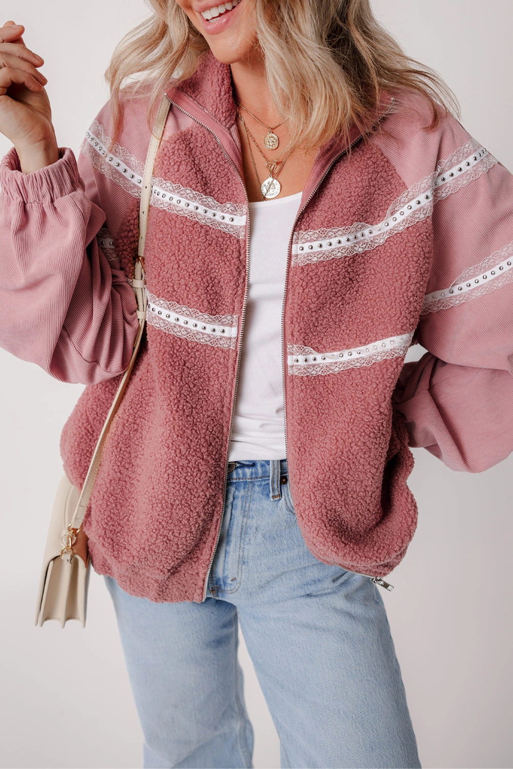 Lace Detail Zip Up Sherpa Patchwork Jacket Online Deal Frenzy Today Only Special