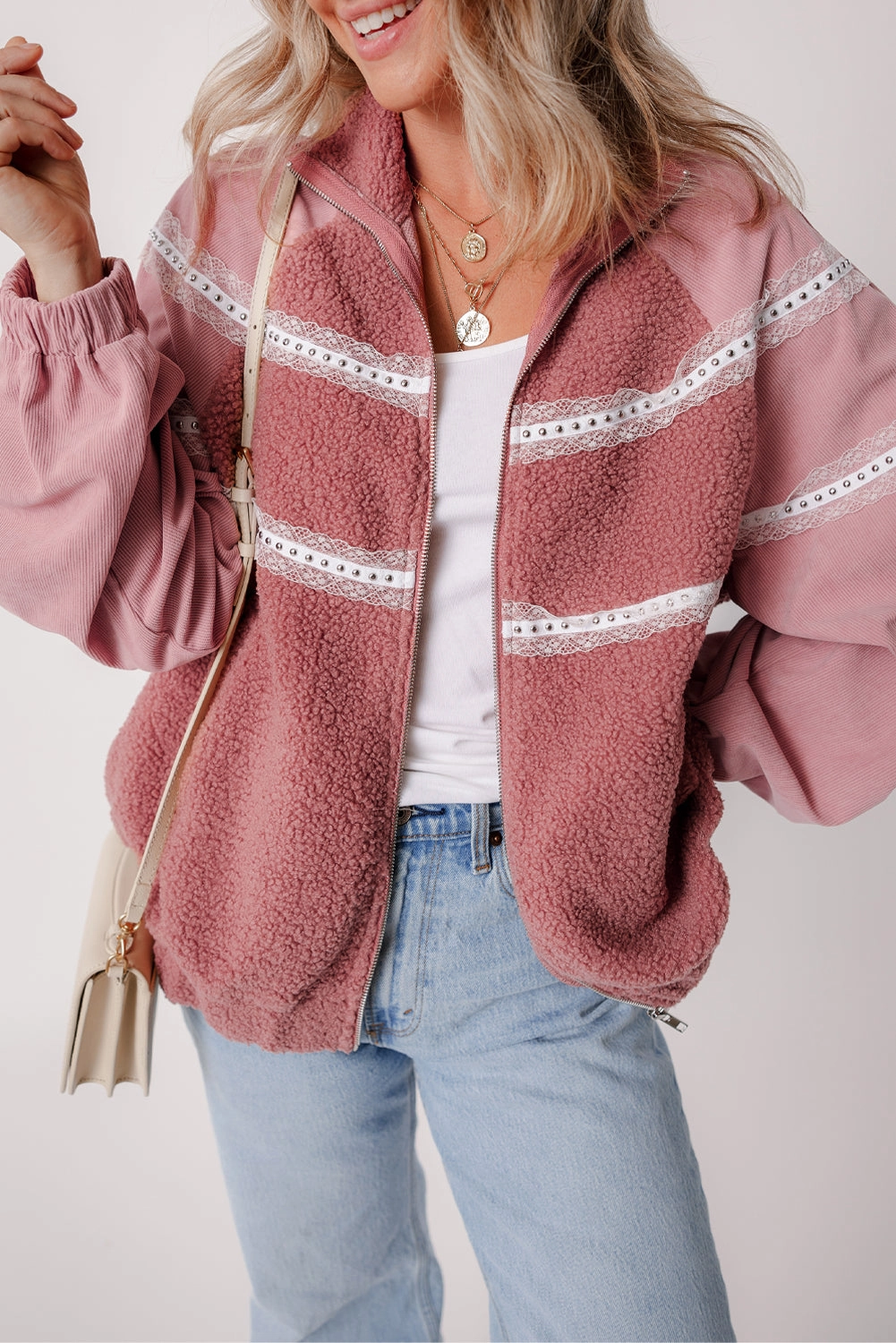Lace Detail Zip Up Sherpa Patchwork Jacket Big Hot Sale