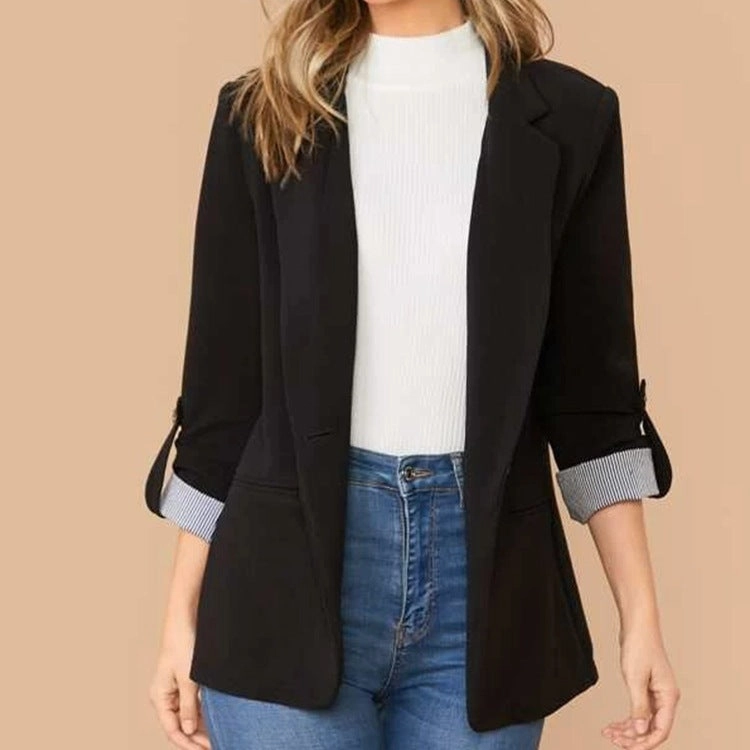 Lapel Collar Roll-Tab Sleeve Blazer Dont Miss Out
