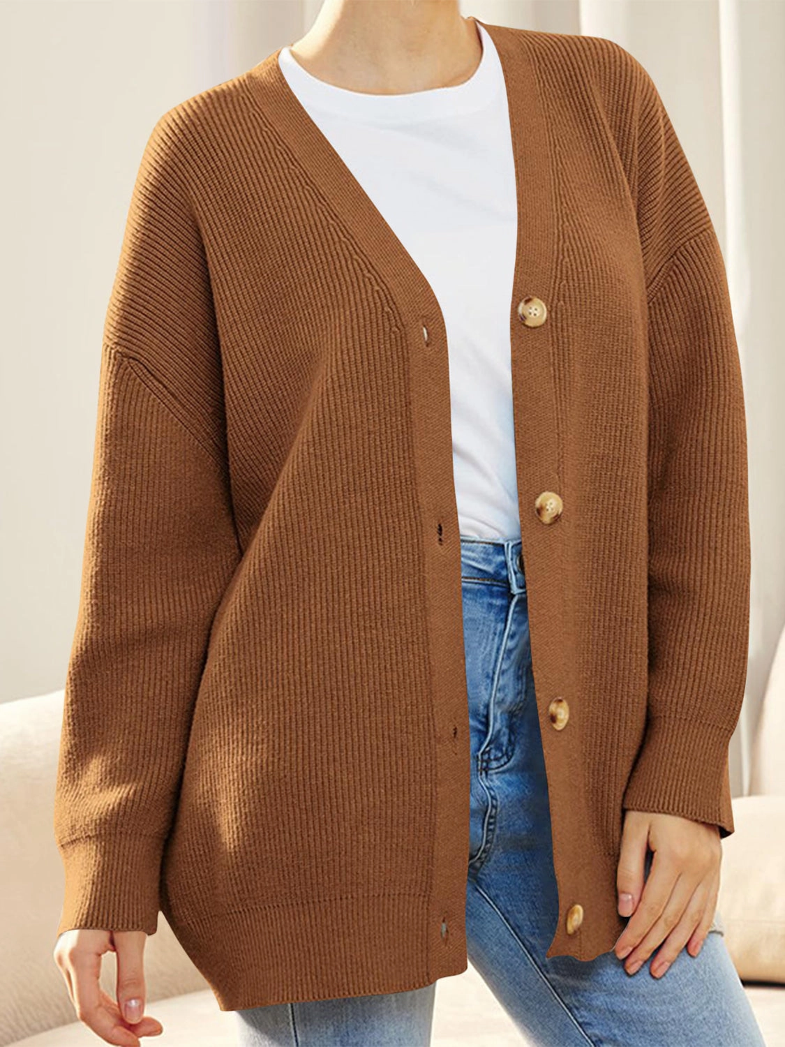 Button Down V-Neck Long Sleeve Cardigan Exclusive Online Discount
