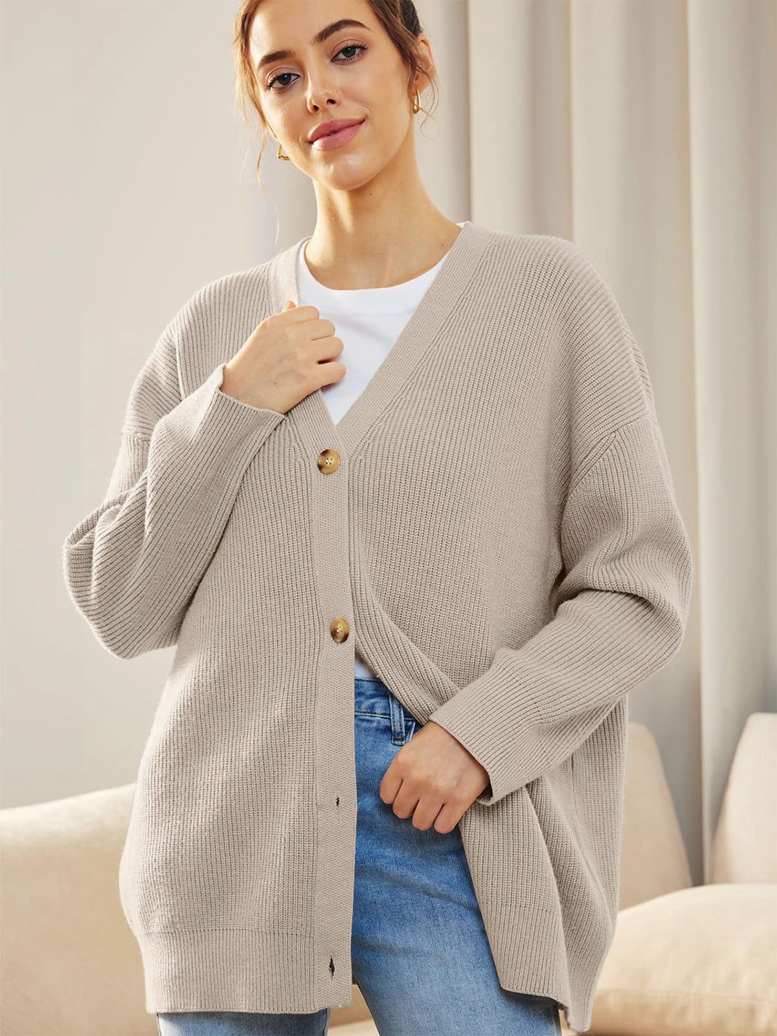 Button Down V-Neck Long Sleeve Cardigan Limited Edition Offer Grab Save Today