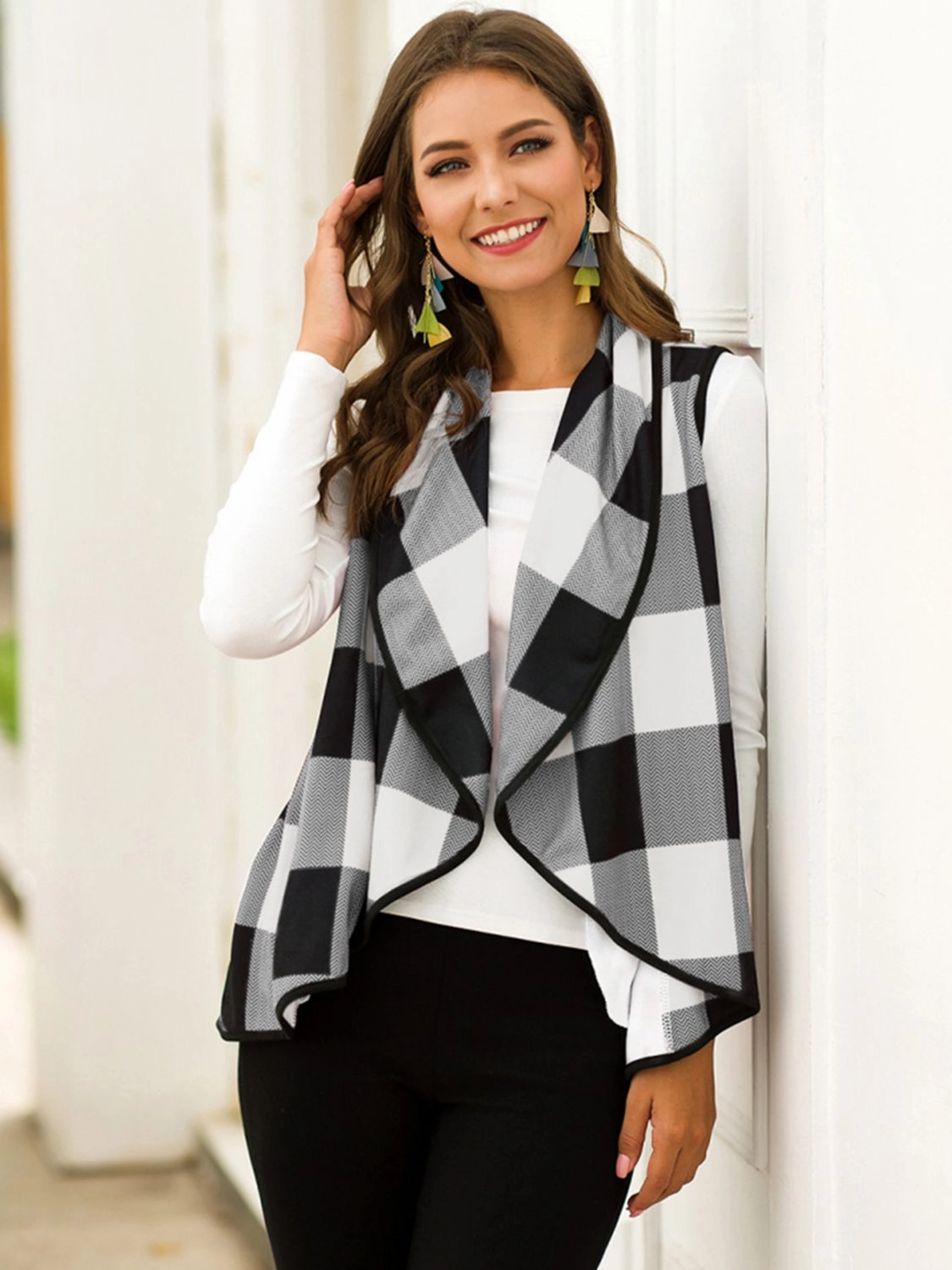 Mega Hot Offer Grab Your Deal Today Shiny Plaid Open Front Sleeveless Cardigan