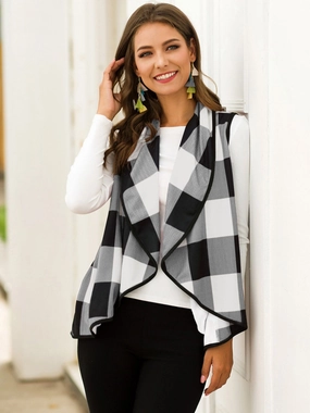 Hot Clearance Now Shiny Plaid Open Front Sleeveless Cardigan