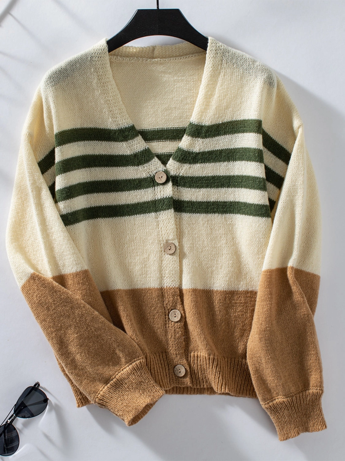 Color Block V-Neck Button Down Long Sleeve Cardigan Daily Deal Frenzy