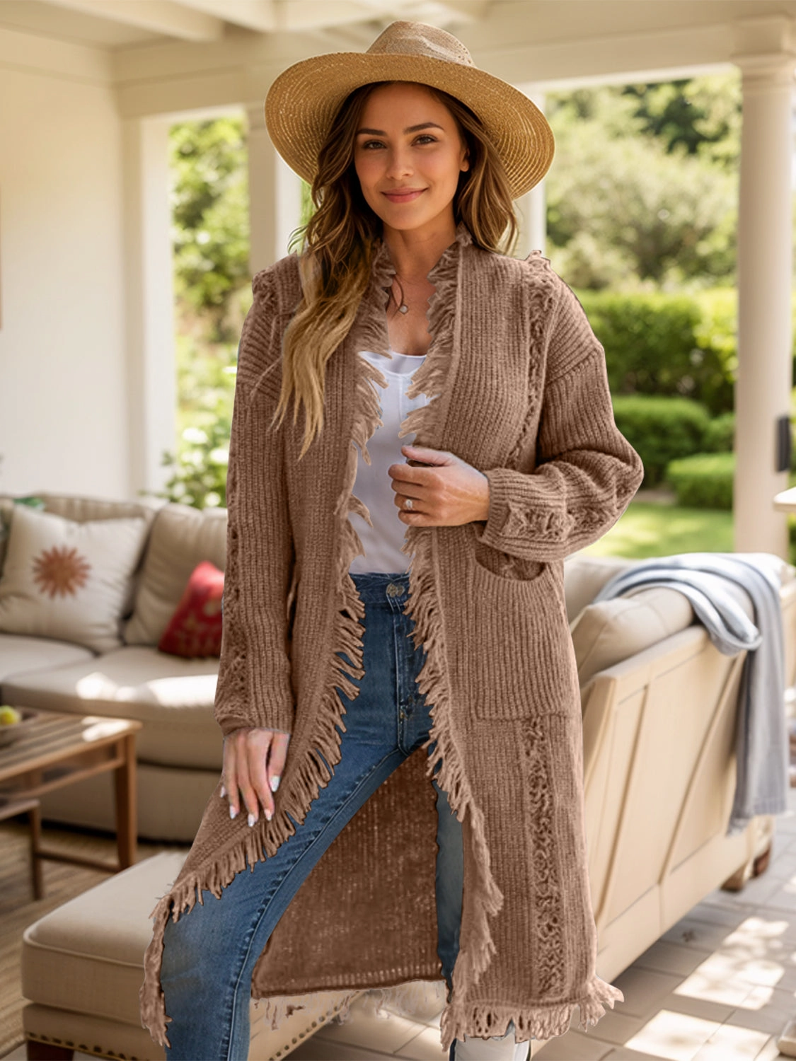 Fringe Open Front Long Sleeve Cardigan Save Big Online