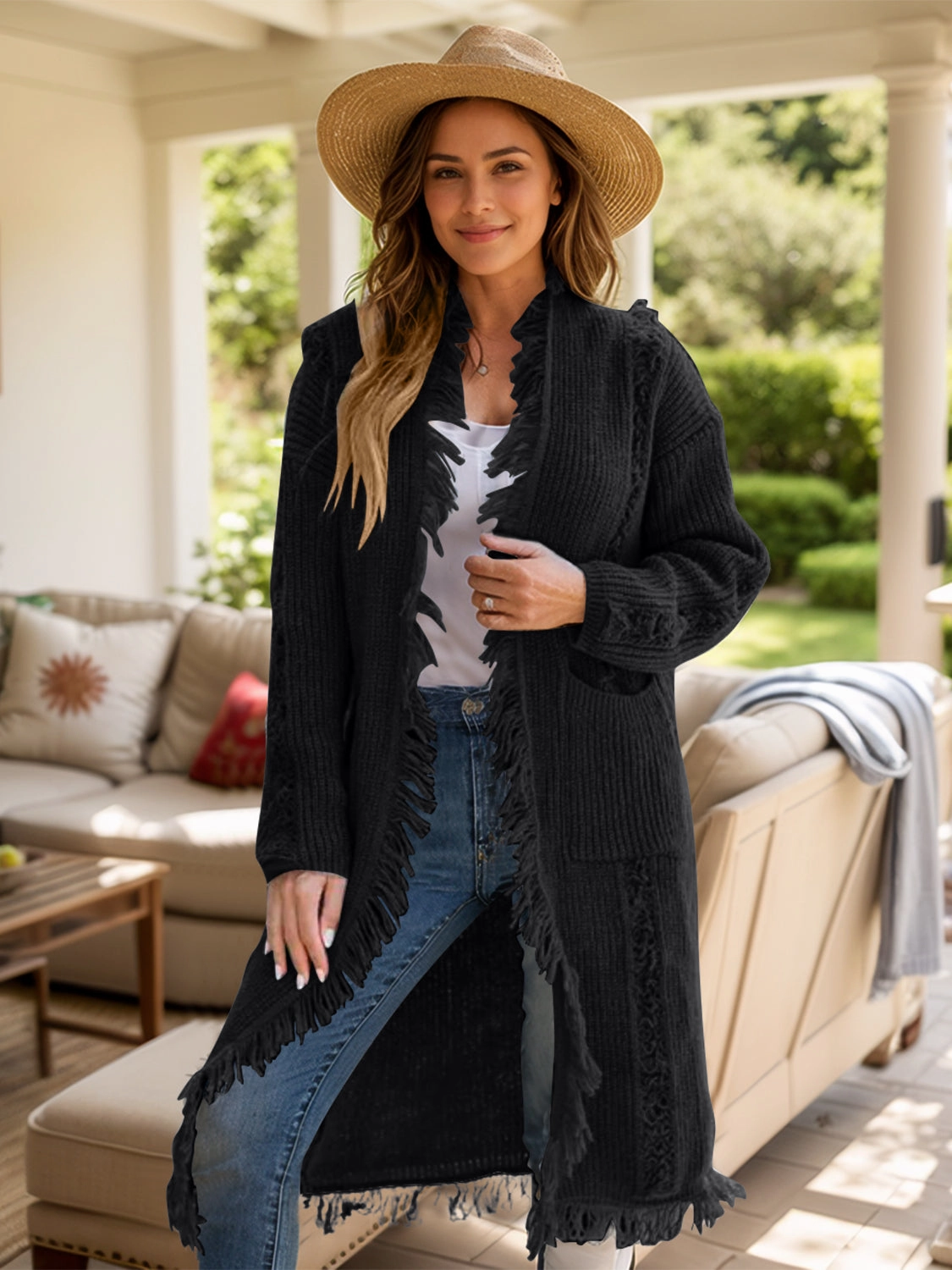 Deal Frenzy Today Fringe Open Front Long Sleeve Cardigan