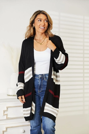 Perfee Striped Rib-Knit Drop Shoulder Open Front Cardigan Today Only Offer