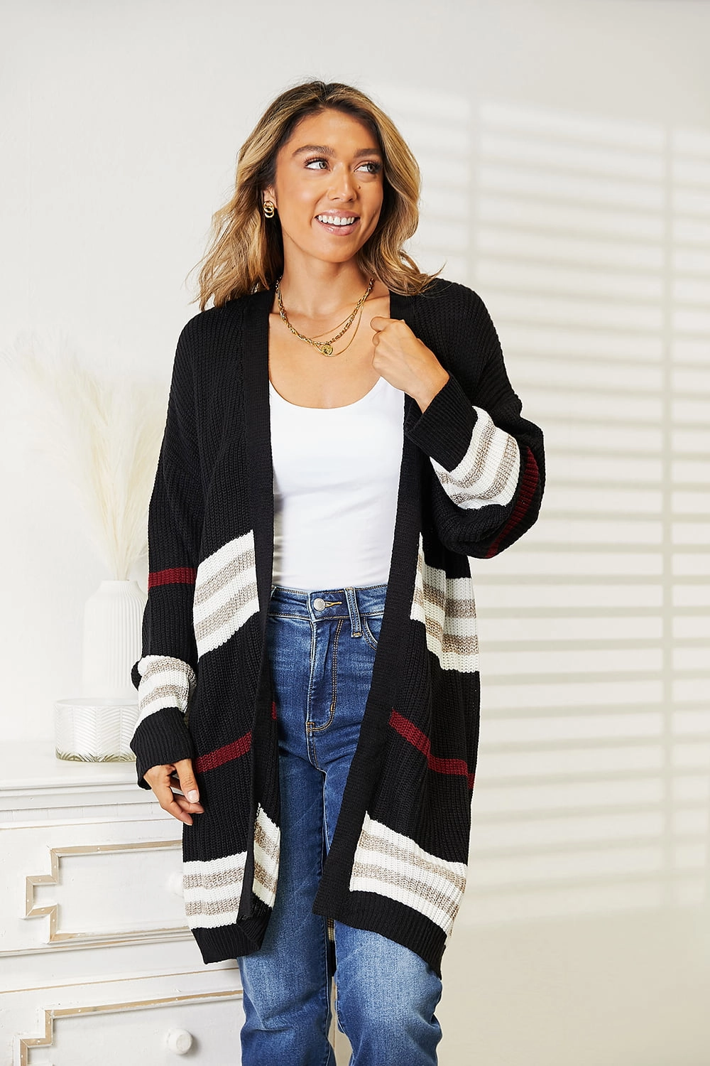 Perfee Striped Rib-Knit Drop Shoulder Open Front Cardigan Hot Picks Today