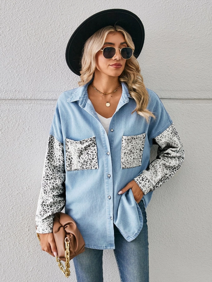 Best Deal Today Leopard Button Up Denim Jacket