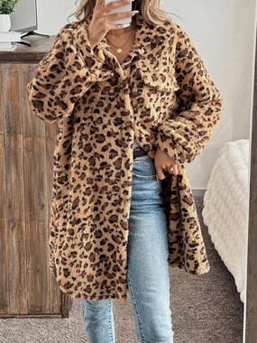 Exclusive Online Deal Hot Offer Inside Leopard Button Up Long Sleeve Fuzzy Coat