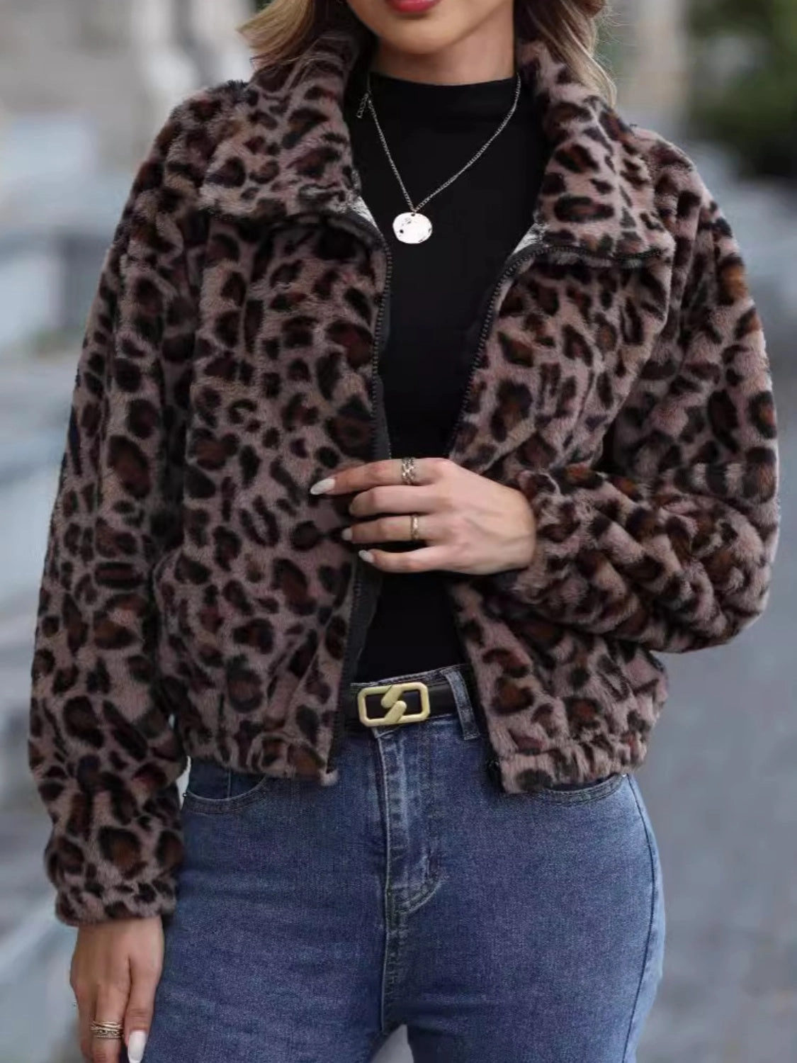 Mega Online Discount Clearance Steal Today Leopard Collared Neck Zip Up Jacket
