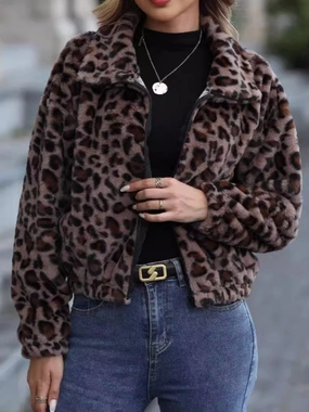 Special Price Offer Leopard Collared Neck Zip Up Jacket