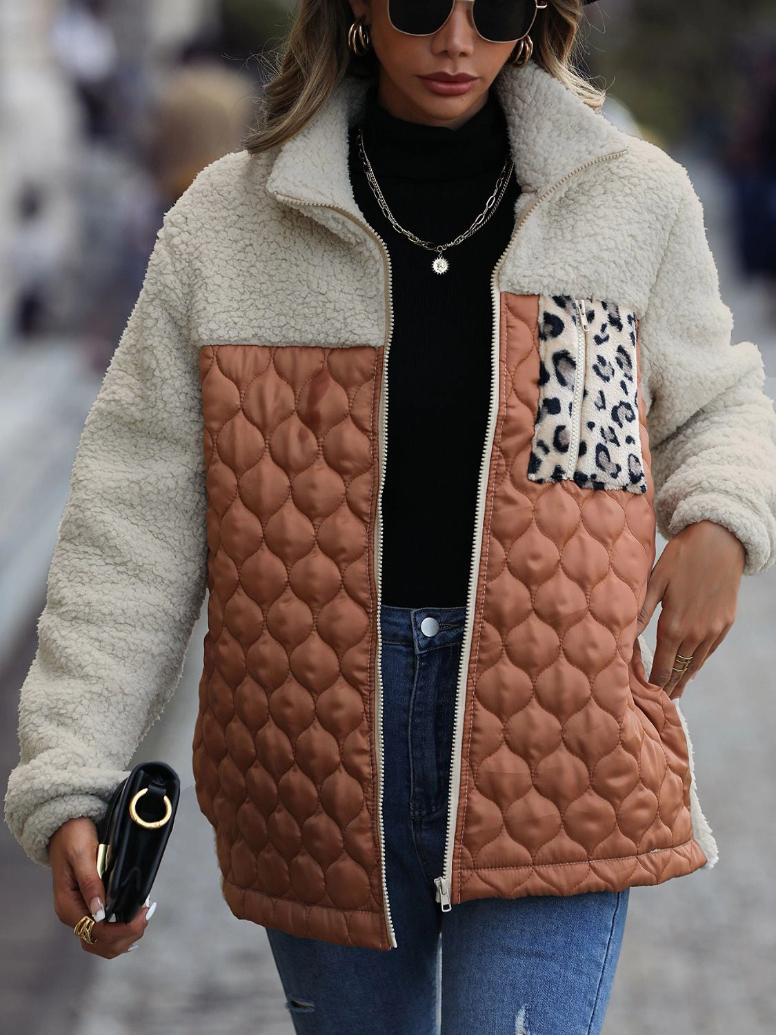 Big Savings Today Leopard Color Block Zip-Up Jacket