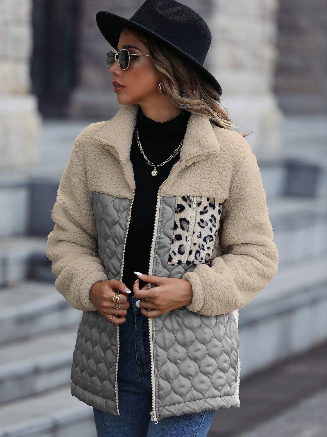 Special Price Today Flash Sale Alert Now Leopard Color Block Zip-Up Jacket