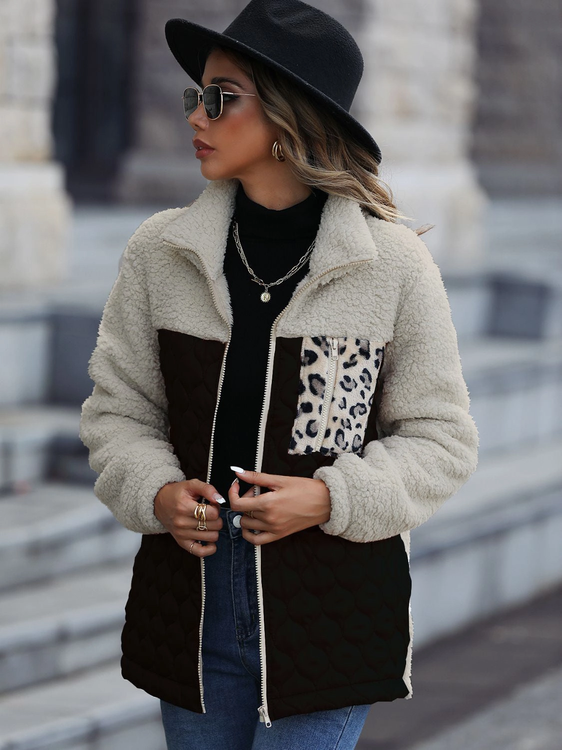 Leopard Color Block Zip-Up Jacket Limited Time Discount